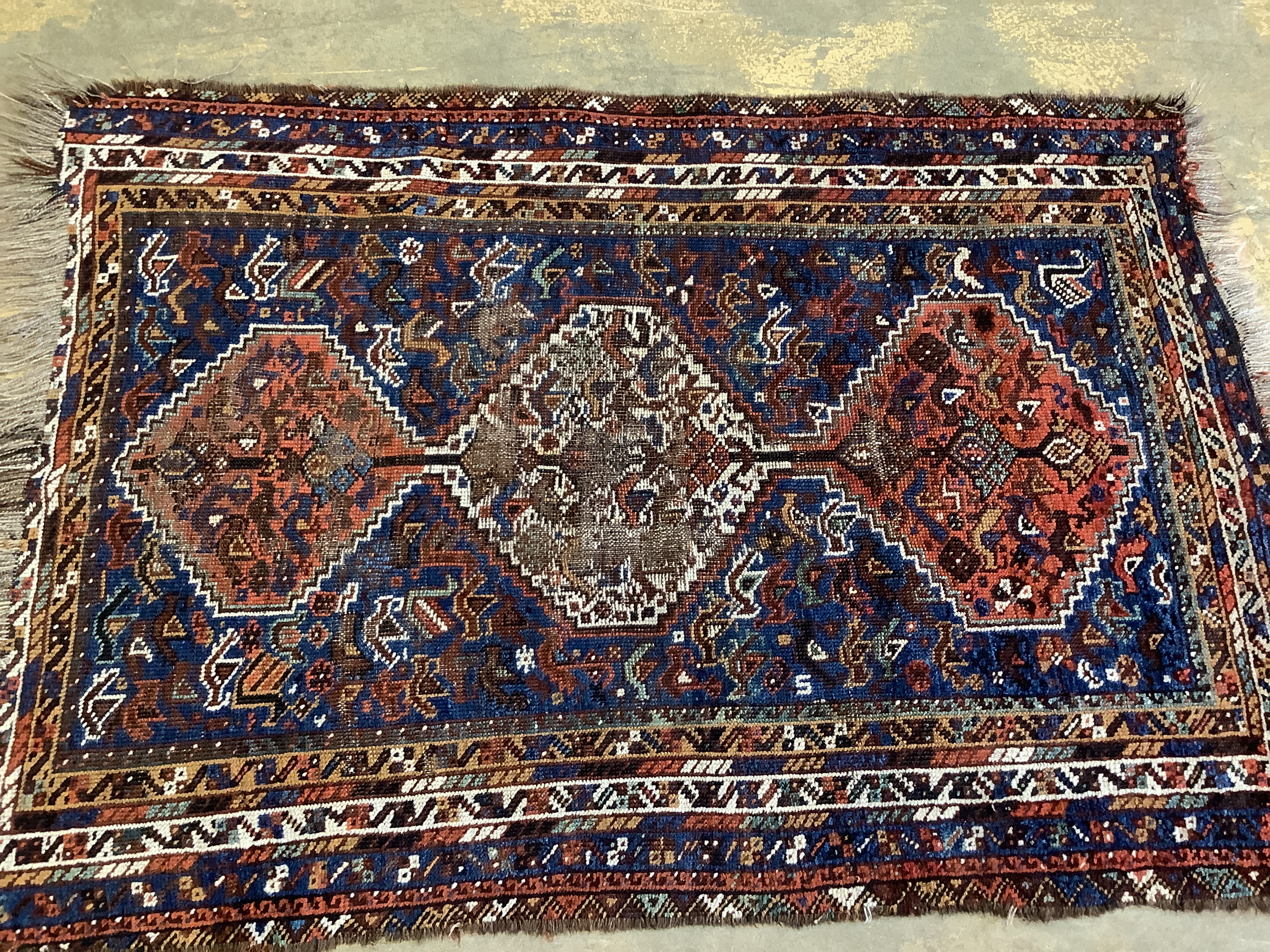 Two antique North West Persian blue ground rugs, a Turkish rug and a Belouch rug, largest 210 x 128cm